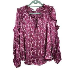Ophelia Roe Women Blouse Keyhole Neck Ruffle Trim Long Sleeve Fusica White L *